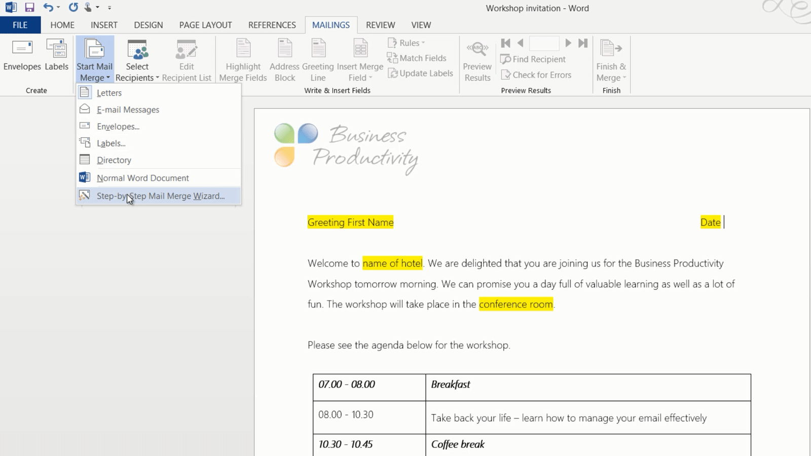 mailings tab in word gone